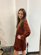 Load image into Gallery viewer, Rust Leopard Velvet Ruffled Holiday Mini Dress - Athena's Fashion Boutique