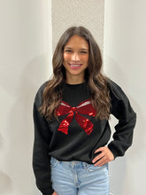 Load image into Gallery viewer, Black Long Sleeve Crew Neck Bow Sequin Detail Inner Fleece Sweatshirt - Athena's Fashion Boutique