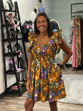 Load image into Gallery viewer, WOMEN'S RUFFLE SLEEVES SQUARE NECK SMOCK FLORAL PRINT MINI DRESS