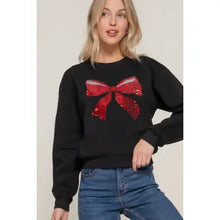 Load image into Gallery viewer, Black Long Sleeve Crew Neck Bow Sequin Detail Inner Fleece Sweatshirt - Athena's Fashion Boutique