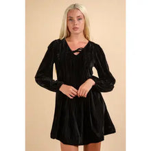 Load image into Gallery viewer, Black Front Ribbon Velvet Holiday Mini Flare Dress - Athena's Fashion Boutique