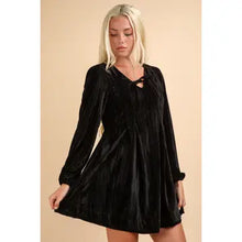 Load image into Gallery viewer, Black Front Ribbon Velvet Holiday Mini Flare Dress - Athena's Fashion Boutique