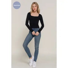 Load image into Gallery viewer, Black Long Sleeve Wide Round Neck with Bow Seamless Top