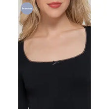 Load image into Gallery viewer, Black Long Sleeve Wide Round Neck with Bow Seamless Top