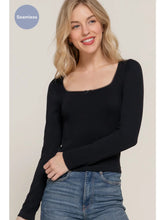Load image into Gallery viewer, Black Long Sleeve Wide Round Neck with Bow Seamless Top