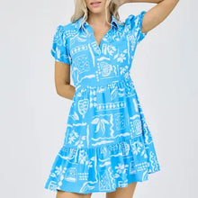 Load image into Gallery viewer, Blue Line Art Print Short Puff Sleeve Mini Dress