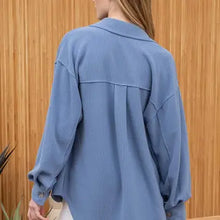 Load image into Gallery viewer, Blue Rib Knit Exposed Seam Button Up Jacket