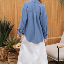 Load image into Gallery viewer, Blue Rib Knit Exposed Seam Button Up Jacket