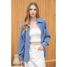 Load image into Gallery viewer, Blue Rib Knit Exposed Seam Button Up Jacket