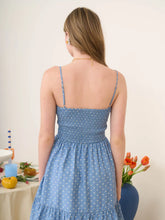 Load image into Gallery viewer, Blue and White Polka Dot Bow Detail Smocked Mini Dress