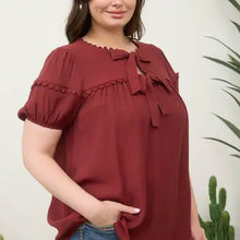 Load image into Gallery viewer, Brick Scallop Trim Front Tie Detail Puff Sleeve Top