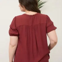 Load image into Gallery viewer, Brick Scallop Trim Front Tie Detail Puff Sleeve Top