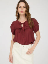 Load image into Gallery viewer, Brick Scallop Trim Front Tie Detail Puff Sleeve Top