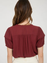 Load image into Gallery viewer, Brick Scallop Trim Front Tie Detail Puff Sleeve Top