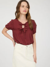 Load image into Gallery viewer, Brick Scallop Trim Front Tie Detail Puff Sleeve Top