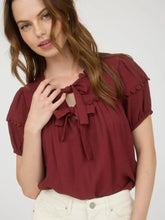 Load image into Gallery viewer, Brick Scallop Trim Front Tie Detail Puff Sleeve Top