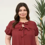 Load image into Gallery viewer, Brick Scallop Trim Front Tie Detail Puff Sleeve Top