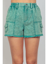 Load image into Gallery viewer, Green Washed Cotton Twill Washed Denim Cargo Shorts - Athena's Fashion Boutique