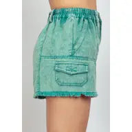 Load image into Gallery viewer, Green Washed Cotton Twill Washed Denim Cargo Shorts - Athena's Fashion Boutique