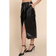 Load image into Gallery viewer, Black Faux Leather Midi Cargo Skirt
