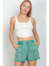 Load image into Gallery viewer, Green Washed Cotton Twill Washed Denim Cargo Shorts - Athena's Fashion Boutique