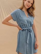Load image into Gallery viewer, 
Belted Chambray Cuff Sleeve Mini Shirt Dress