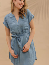 Load image into Gallery viewer, 
Belted Chambray Cuff Sleeve Mini Shirt Dress