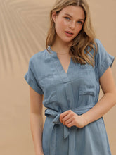 Load image into Gallery viewer, 
Belted Chambray Cuff Sleeve Mini Shirt Dress