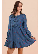 Load image into Gallery viewer, Cherry Print Soft Washed Denim Casual Mini Dress