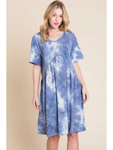 Load image into Gallery viewer, Blue and White Tie-Dye Shirred Waist Dress