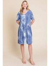 Load image into Gallery viewer, Blue and White Tie-Dye Shirred Waist Dress