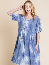 Load image into Gallery viewer, Blue and White Tie-Dye Shirred Waist Dress