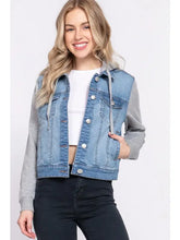 Load image into Gallery viewer, Long Sleeve Contrast Terry Sleeve with Hoodie Denim Jacket - Athena's Fashion Boutique