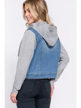 Load image into Gallery viewer, Long Sleeve Contrast Terry Sleeve with Hoodie Denim Jacket - Athena's Fashion Boutique