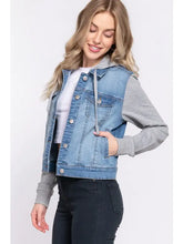 Load image into Gallery viewer, Long Sleeve Contrast Terry Sleeve with Hoodie Denim Jacket - Athena's Fashion Boutique