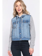 Load image into Gallery viewer, Long Sleeve Contrast Terry Sleeve with Hoodie Denim Jacket - Athena's Fashion Boutique