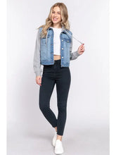 Load image into Gallery viewer, Long Sleeve Contrast Terry Sleeve with Hoodie Denim Jacket - Athena's Fashion Boutique