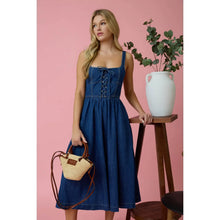 Load image into Gallery viewer, Lace Up Sleeveless Denim Midi Dress with Pockets