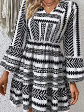 Load image into Gallery viewer, Black and White V-neck Long-Sleeve Ruffled Pleated Mini Dress