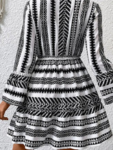 Load image into Gallery viewer, Black and White V-neck Long-Sleeve Ruffled Pleated Mini Dress