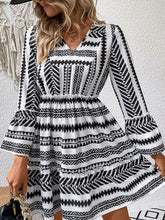 Load image into Gallery viewer, Black and White V-neck Long-Sleeve Ruffled Pleated Mini Dress