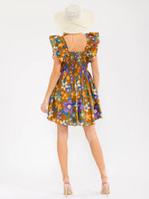 Load image into Gallery viewer, WOMEN'S RUFFLE SLEEVES SQUARE NECK SMOCK FLORAL PRINT MINI DRESS