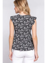 Load image into Gallery viewer, Black and White Sleeveless Ruffle Edge Round Neck Peplum Floral Print Top