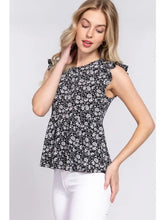 Load image into Gallery viewer, Black and White Sleeveless Ruffle Edge Round Neck Peplum Floral Print Top
