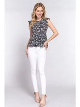 Load image into Gallery viewer, Black and White Sleeveless Ruffle Edge Round Neck Peplum Floral Print Top