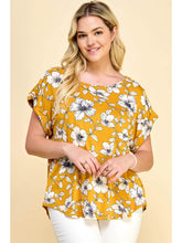 Load image into Gallery viewer, Plus Size Short Sleeve Dolman Yellow Flower Blouse