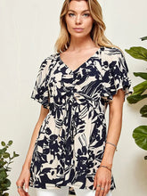 Load image into Gallery viewer, Women's Cream and Navy Rouching Flutter Peplum Top