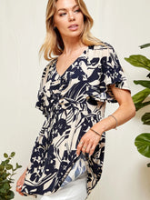 Load image into Gallery viewer, Women's Cream and Navy Rouching Flutter Peplum Top