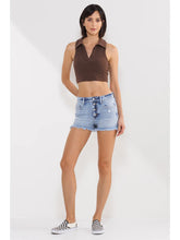 Load image into Gallery viewer, SneakPeek HighRise 90's Quad Button Frayed Hem Shorts in Light Wash