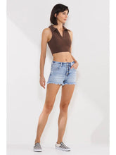 Load image into Gallery viewer, SneakPeek HighRise 90's Quad Button Frayed Hem Shorts in Light Wash
